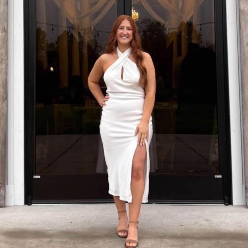 Lulu's Beyond Classy White Satin Halter Midi Dress